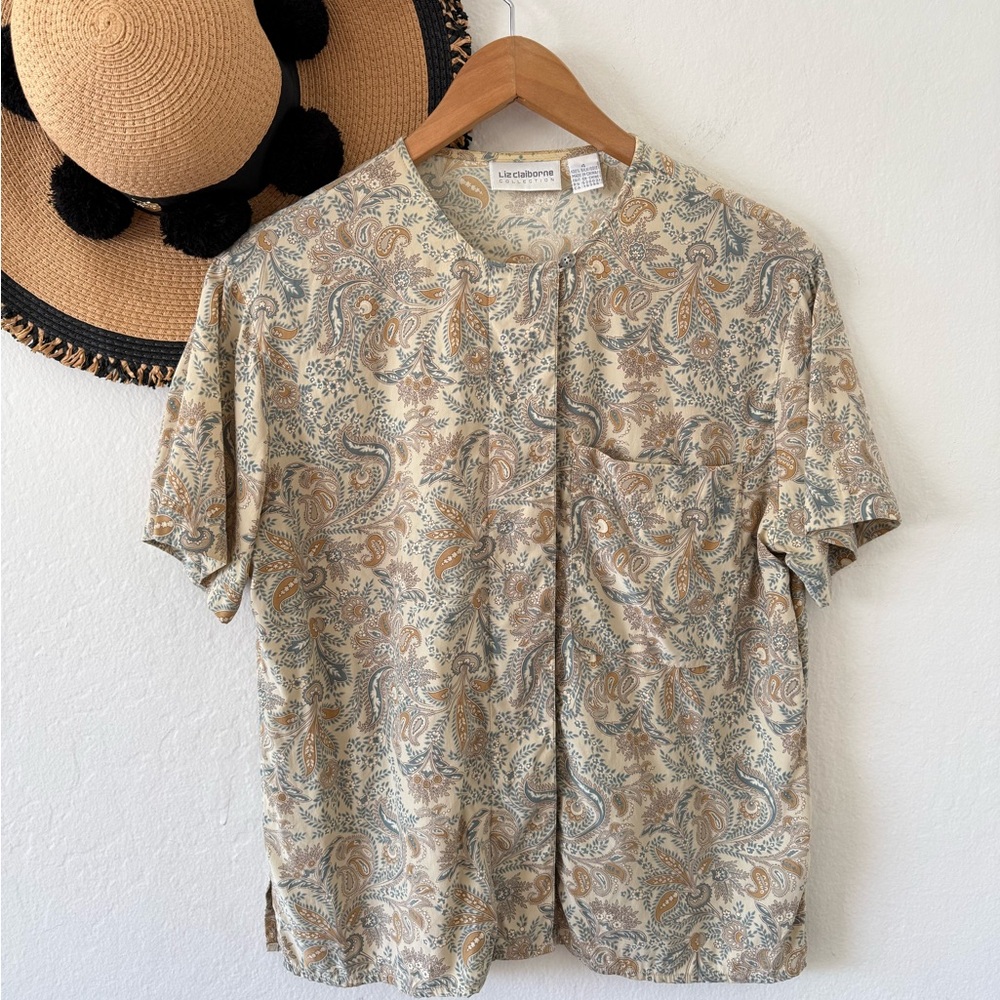 Vintage Liz Claiborne Paisley Silk Short Sleeve Button Front Blouse Size 4